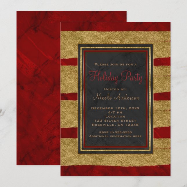 Invitation Fête de Noël Moderne Marbre Rouge & Or Noël (Devant / Derrière)