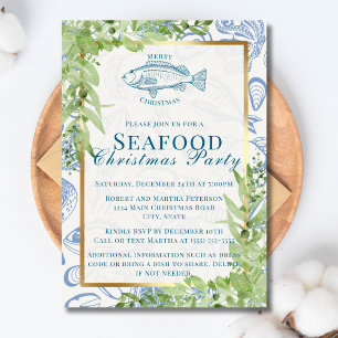 Invitation Fête de Noël Moderne Poisson Fruits de Mer Bleu Bl