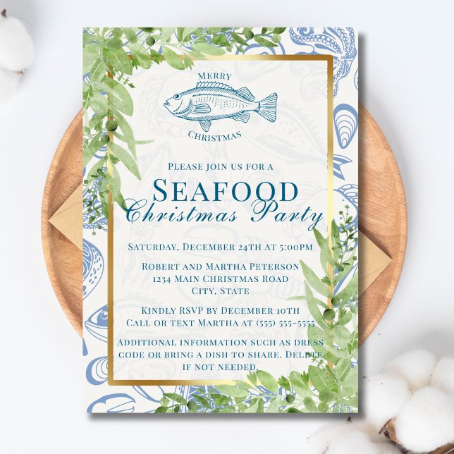 Invitation Fête de Noël Moderne Poisson Fruits de Mer Bleu Bl (Créateur téléchargé)