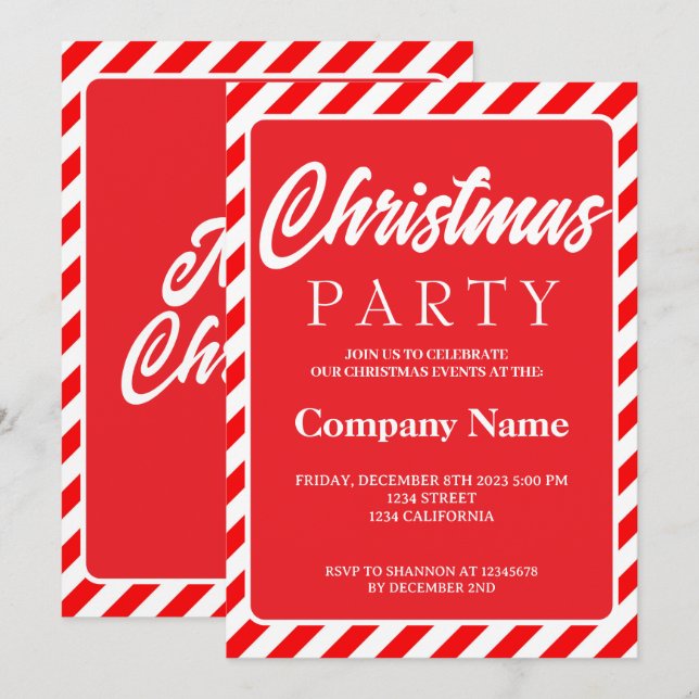 Invitation Fête de Noël moderne rayée rouge et blanche (Devant / Derrière)
