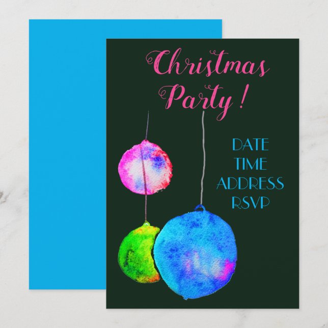 Invitation Fête de Noël moderne rose et bleu baubles (Devant / Derrière)