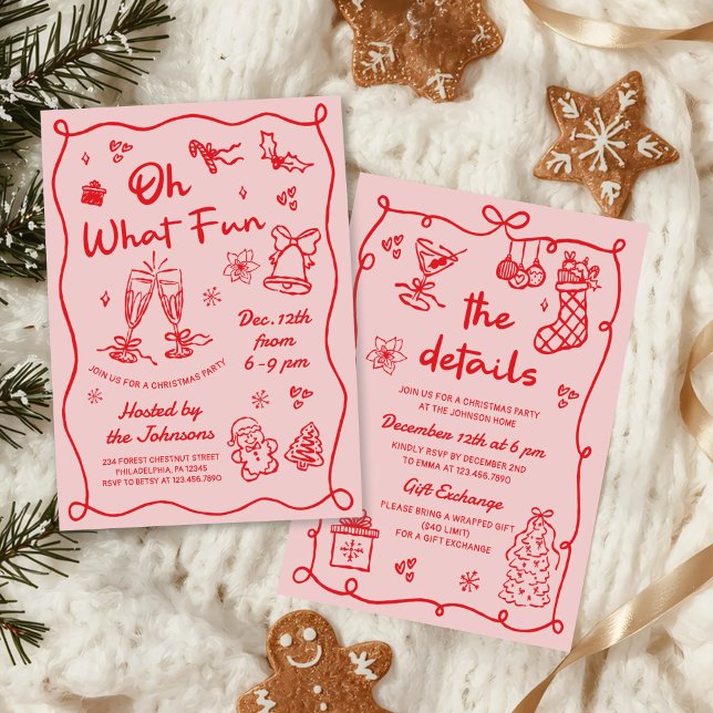 Invitation Fête de Noël moderne rose rouge dessinée à la main (Créateur téléchargé)