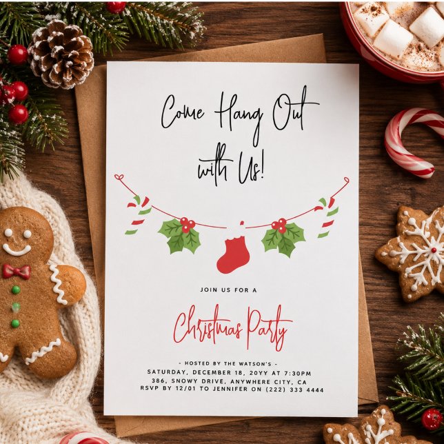 Invitation Fête de Noël moderne 'Venez vous amuser' avec le P (Modern 'Come Hang Out' Santa Claus Christmas Party Invitation)