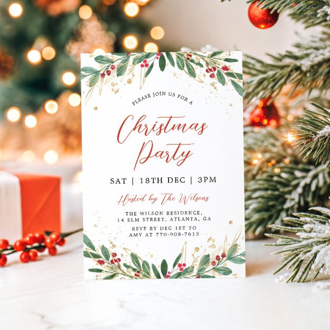 Invitation Fête de Noël Moderne Vert et Or (Créateur téléchargé)
