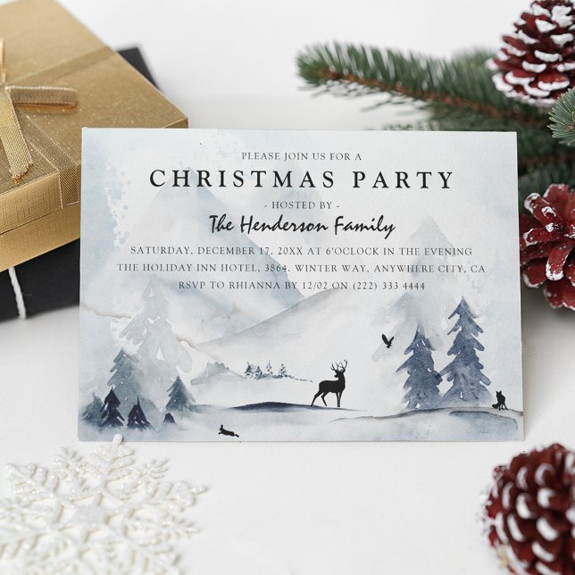 Invitation Fête de Noël Montagnes d'Hiver Aquarelle (Créateur téléchargé)
