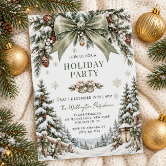 Invitation Fête de Noël Montagnes d'Hiver Ruban Vert