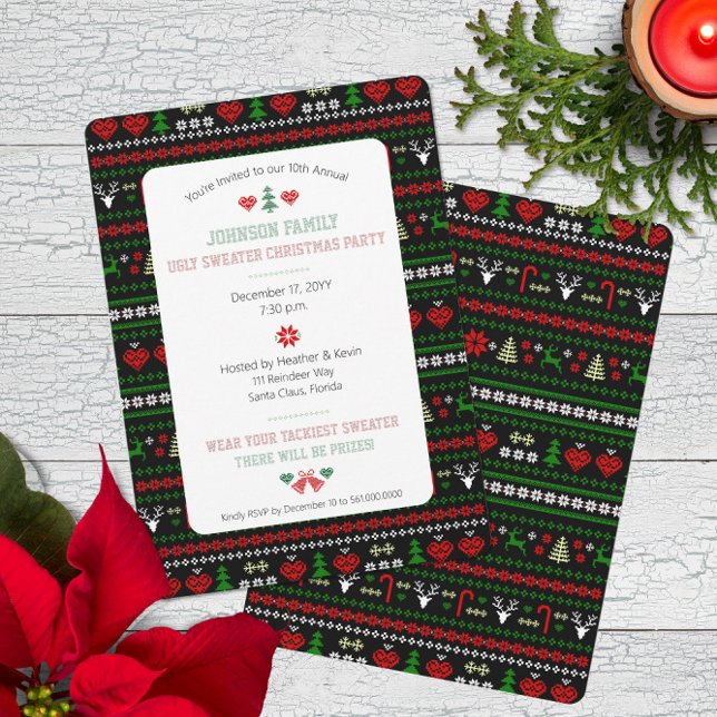 Invitation Fête de Noël Motif moche (Traditional Ugly Sweater pattern Christmas Holiday Party Invitation with Faux Stitched Typography)