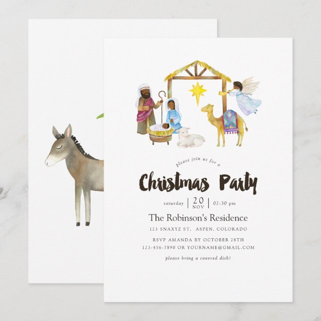 Invitation Fête de Noël Nativité à l'aquarelle (Devant / Derrière)