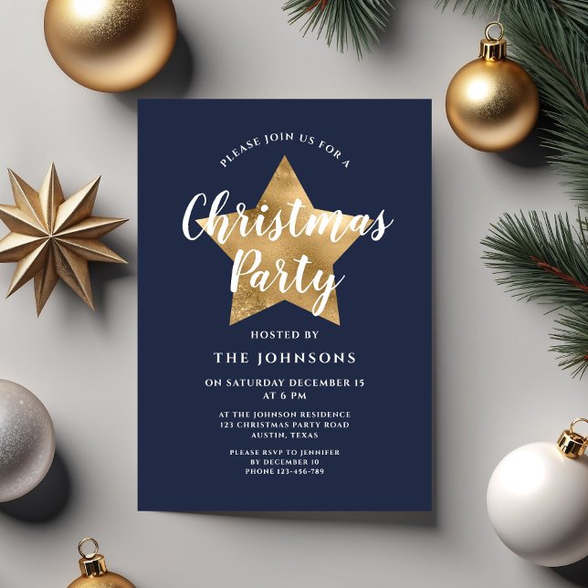 Invitation Fête de Noël Navy Blue Gold Star (Festive Navy Blue Gold Star Christmas Party Invitation)
