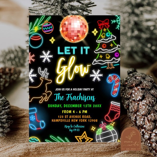 Invitation Fête de Noël Neon Let It Glow (Créateur téléchargé)