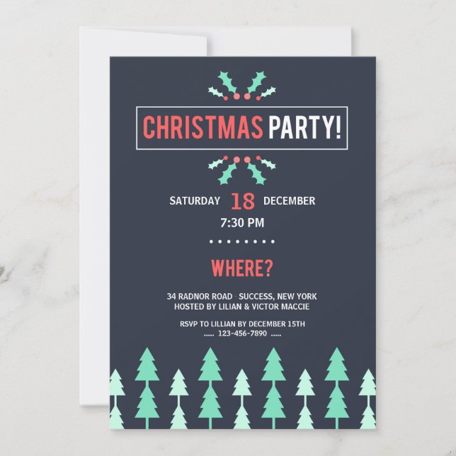 Invitation Fête de Noël Noir avec Arbres (Devant)