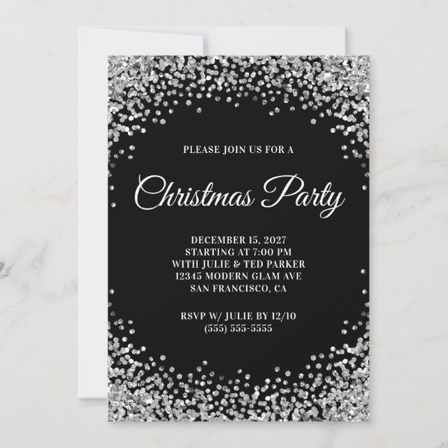 Invitation Fête de Noël noire avec bordure pailletée argentée (Devant)
