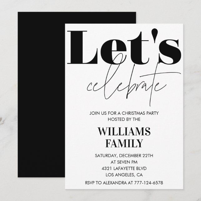 Invitation Fête de Noël noire  Célébrons (Devant / Derrière)