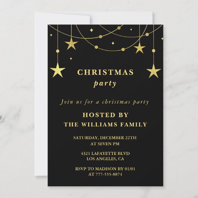 Invitation Fête de Noël noire  Étoiles d'or de fête (Devant)