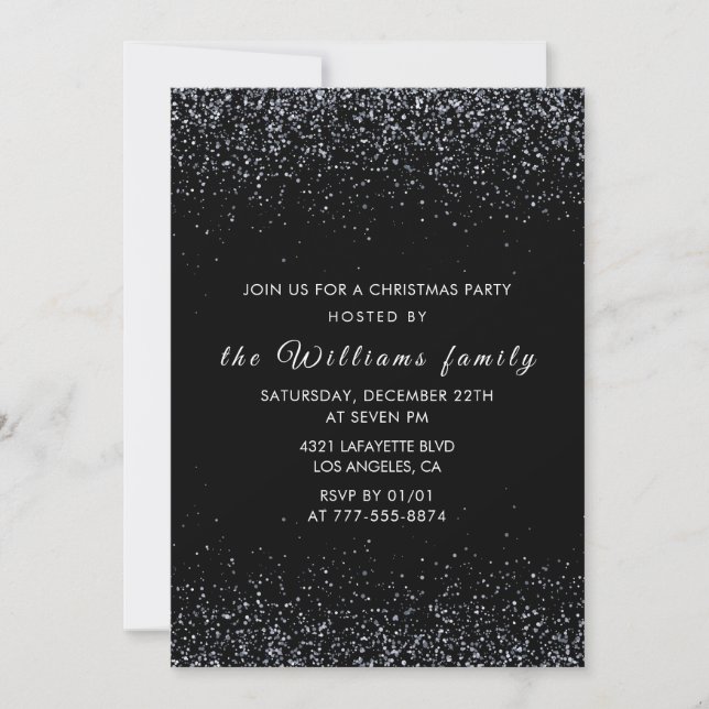 Invitation Fête de Noël noire  Paillettes argentées (Devant)