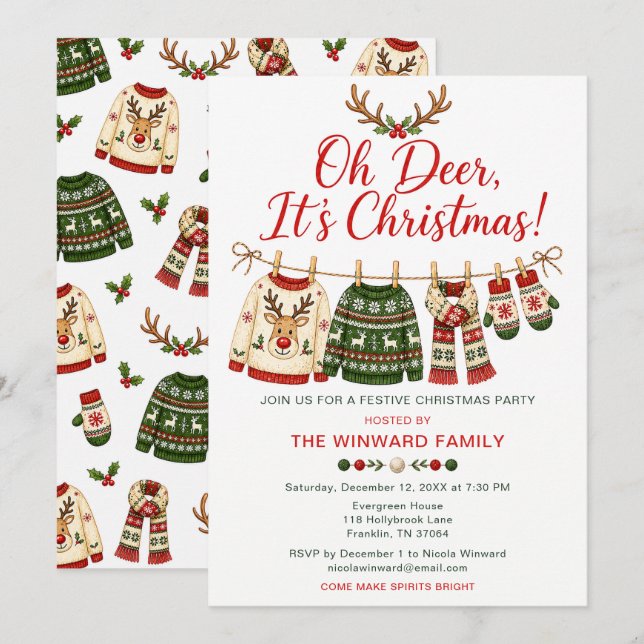 Invitation Fête de Noël Oh Cerf Pull Moche (Devant / Derrière)