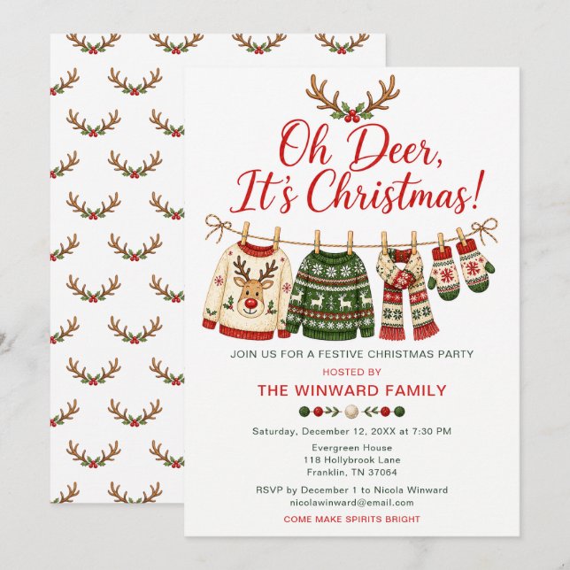 Invitation Fête de Noël Oh Cerf Pull Moche (Devant / Derrière)