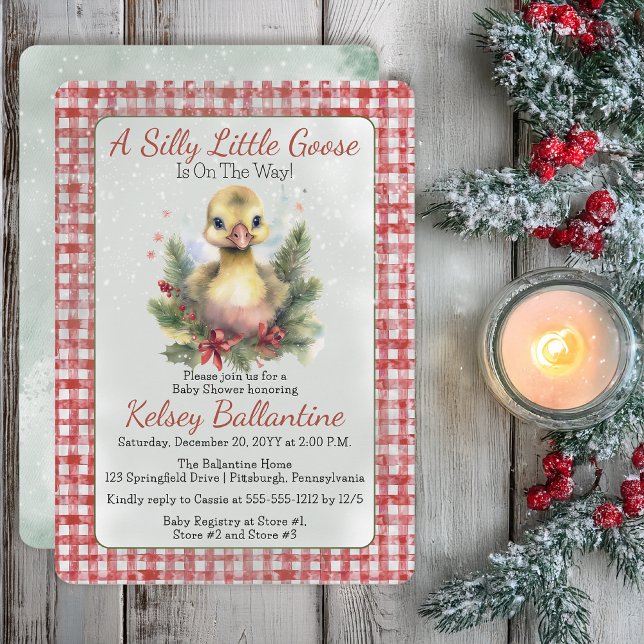 Invitation Fête de Noël Oie Oison Baby Shower (Cute Christmas Holiday Goose Gosling "A Silly Little Goose" Gingham Checks Baby Shower Invitation)