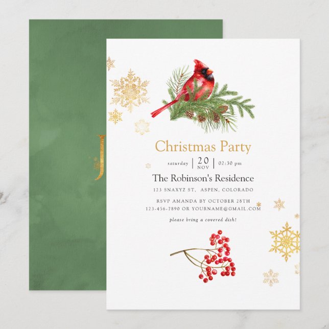 Invitation Fête de Noël oiseau de bois aquarelle (Devant / Derrière)