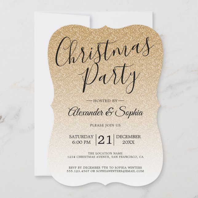 Invitation Fête de Noël ombré paillettes or Chic Script (Devant)