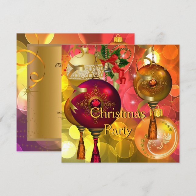 Invitation Fête de Noël Or Jaune Vert Rouge Xmas (Devant / Derrière)