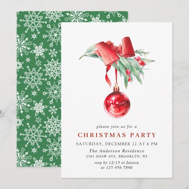 Invitation Fête de Noël Ornement Aquarelle (Devant / Derrière)