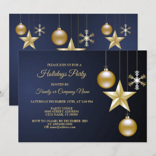 Invitation Fête de Noël Ornements Dorés Bleu Marine Élégants