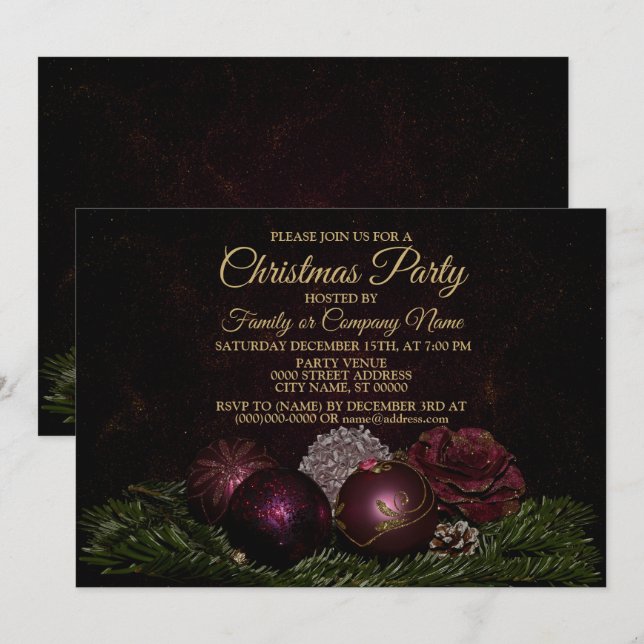 Invitation Fête de Noël Ornements Roses Feuilles Vertes Noire (Devant / Derrière)
