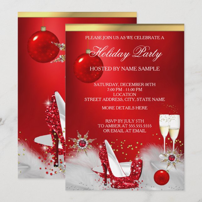 Invitation Fête de Noël Paillettes Rouge Chaussures à Talons  (Devant / Derrière)
