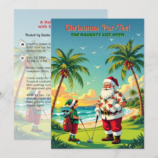 Invitation Fête de Noël Par-Tee Drôle Tropical Père Noël Golf (Devant / Derrière)