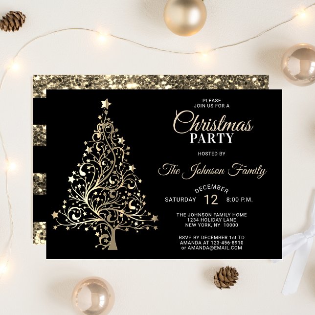 Invitation FÊTE DE NOËL Parties scintillant d'or noir (CHRISTMAS PARTY Black Gold Glitter Tree Invitation)