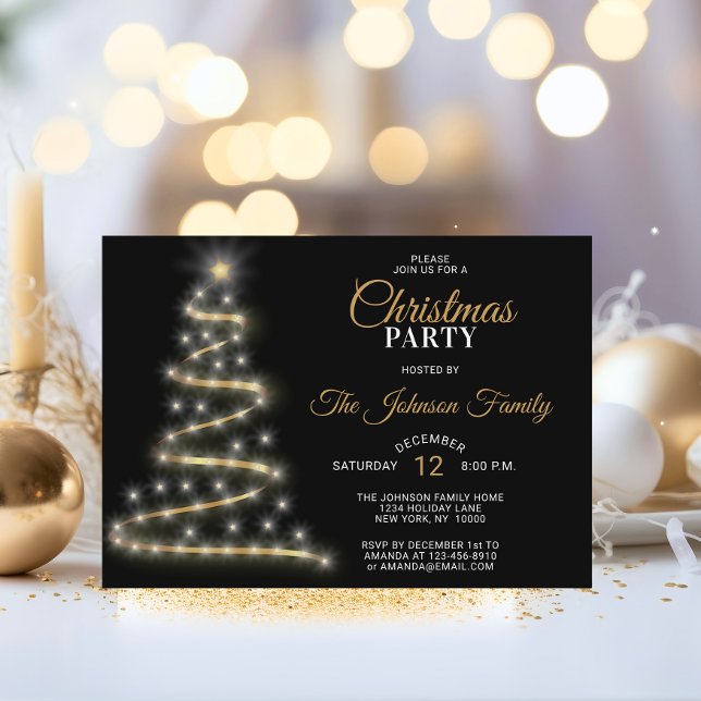 Invitation FÊTE DE NOËL Parties scintillant d'or noir Etoiles (CHRISTMAS PARTY Black Gold Glitter Stars Tree Invitation)