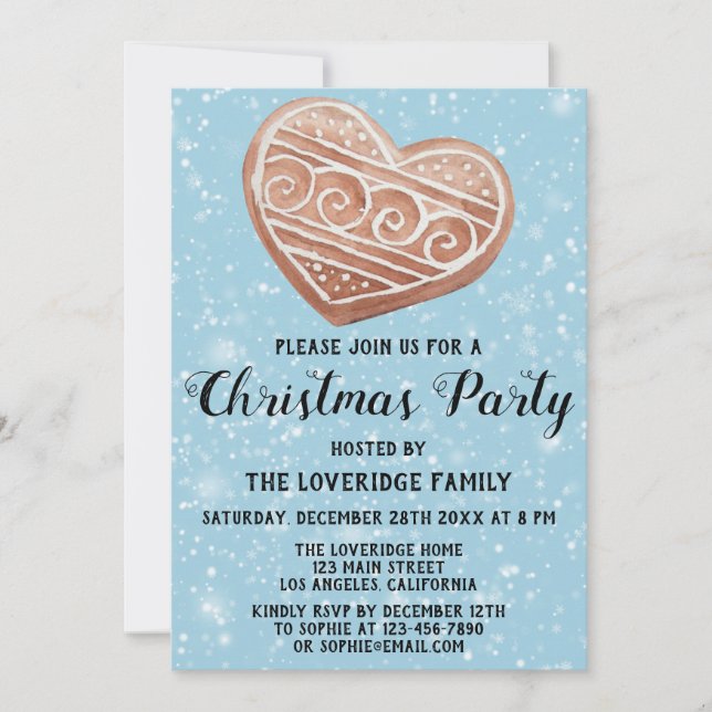 Invitation Fête de Noël Party Cœur Biscuit Bleu Neige (Devant)