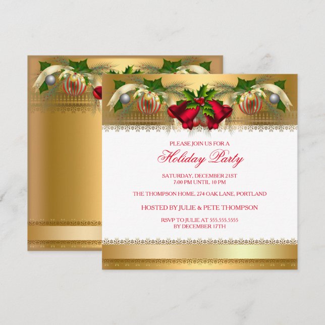 Invitation Fête de Noël Party Ornements dorés rouges (Devant / Derrière)