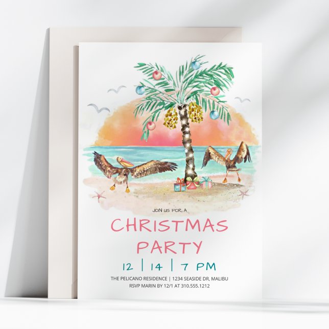 Invitation Fête de Noël Pélican et Palm Tree Beach (Créateur téléchargé)