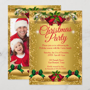 Invitation Fête de Noël Photo Or Rouge