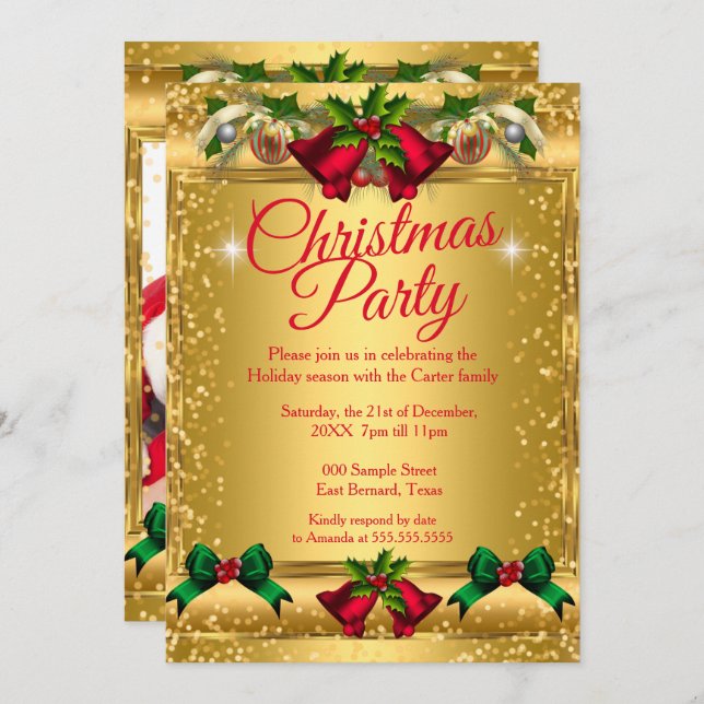 Invitation Fête de Noël  Photo Or Rouge (Devant / Derrière)