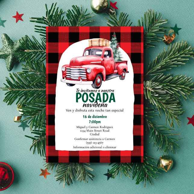 Invitation Fête de Noël Posada Navideña Camion Rouge Espagnol (Créateur téléchargé)