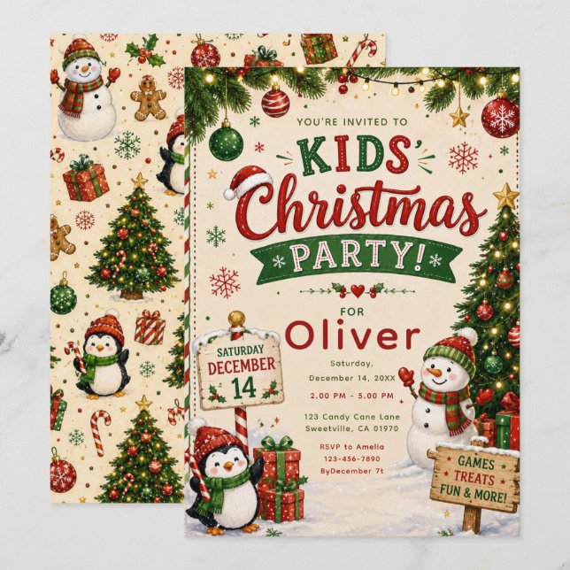 Invitation Fête de Noël pour enfants (Devant / Derrière)