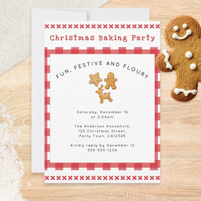 Invitation Fête de Noël pour la préparation de biscuits au pa (An invitation to a Christmas baking party, with gingerbread and rustic red-and-white gingham)