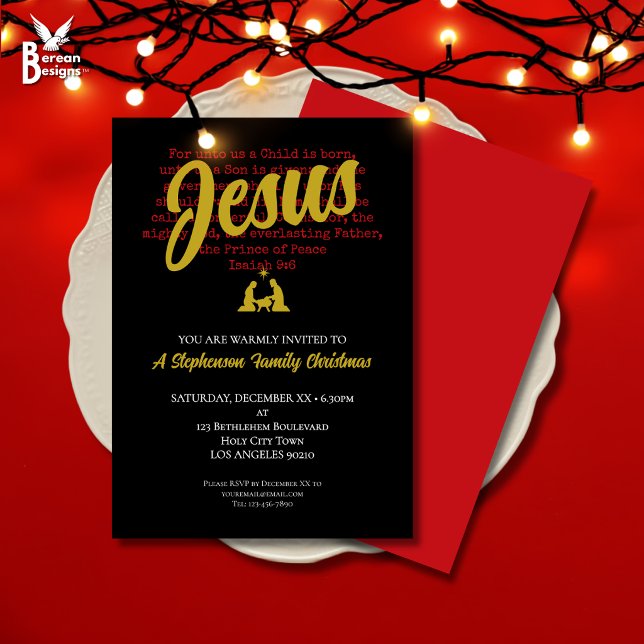 INVITATION FÊTE DE NOËL POUR NOUS (Stylish FOR UNTO US Christian Christmas invitation with Bible Verse and nativity in black red gold)