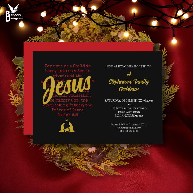 Invitation Fête de Noël POUR NOUS (Christian Christmas FOR UNTO US Party Invitation based on Isaiah 9:6 with nativity design.)