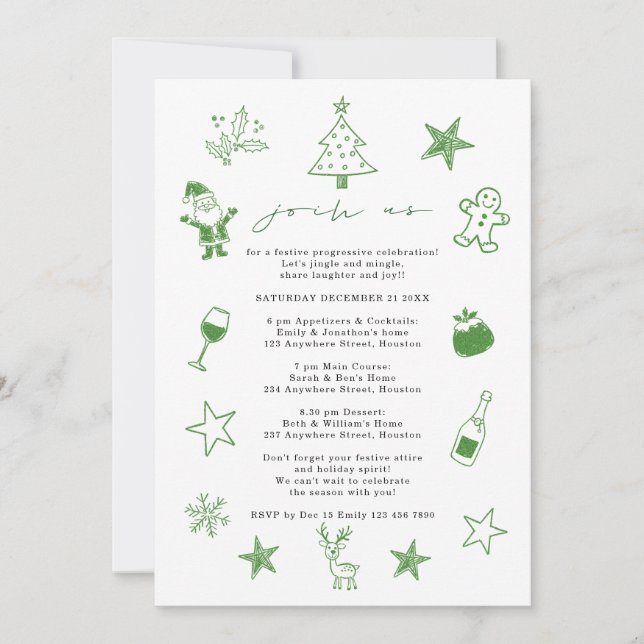 Invitation Fête de Noël Progressive Doodles Festive (Devant)