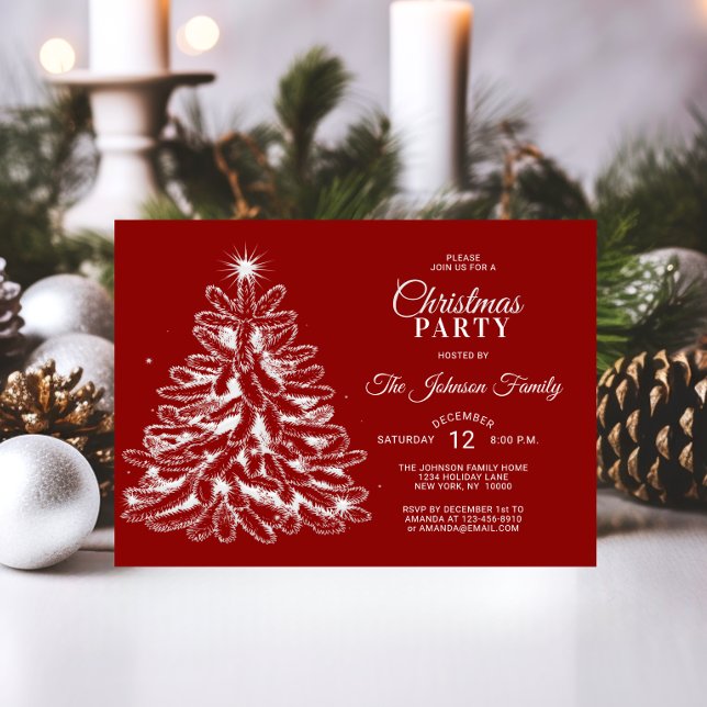 Invitation FÊTE DE NOËL Red White Stars Pine Tree (CHRISTMAS PARTY Red White Stars Pine Tree Invitation)