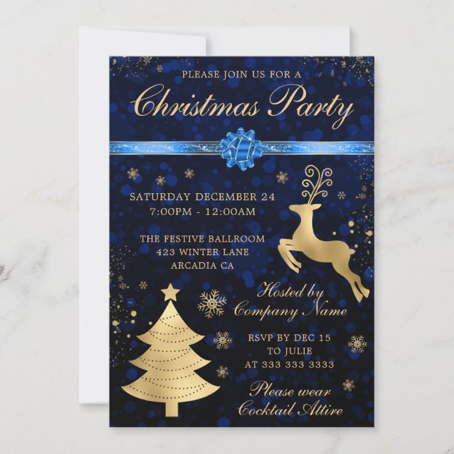 Invitation Fête de Noël Renne et Arbre Bleu et Or (Devant)