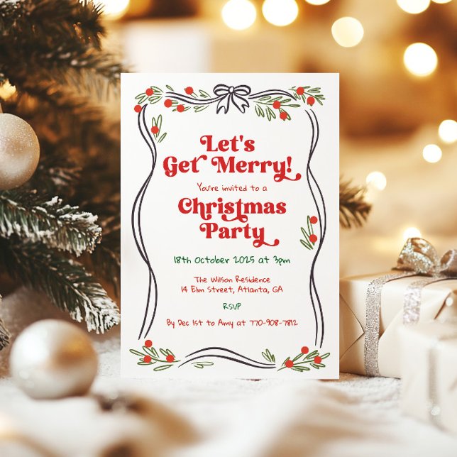 Invitation Fête de Noël rétro dessinée à la main et fantaisis (Créateur téléchargé)