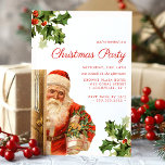 Invitation Fête de Noël rétro du Père Noël vintage<br><div class="desc">Célébrez la saison des Fêtes avec cette charmante invitation de Noël avec une illustration vintage du Père Noël qui tient des cadeaux. Le design rétro, aux accents saints et au sucre de canne rayé en arrière, évoque un esprit de vacances nostalgique, parfait pour créer une ambiance chaleureuse et festive. Personnalisez...</div>