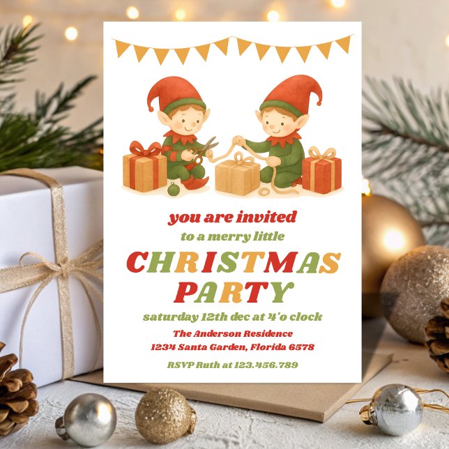Invitation Fête de Noël rétro Elf modifiable (Créateur téléchargé)
