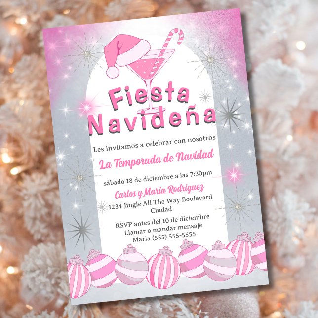Invitation Fête de Noël Retro Espagnole Rose Fiesta Navideña (Créateur téléchargé)