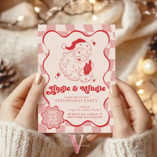 Invitation Fête de Noël Rétro Jingle & Mingle entre Amis (Créateur téléchargé)